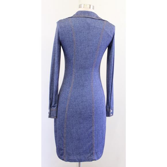 Cache Blue Denim Print V Neck Faux Button Up Long Sleeve Dress Size XS Bodycon - Picture 6 of 6
